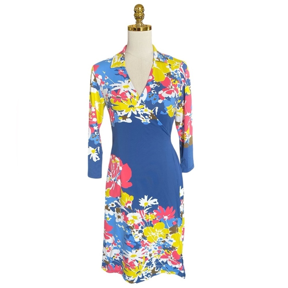 J. McLaughlin Women’s Floral Coastal 3/4 Sleeve Stretch Collared Wrap Dress Sz S - Picture 3 of 11